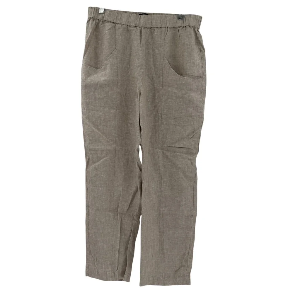 Quince 100% European Linen Tapered Ankle Pants Flax Tan Elastic Waist Large